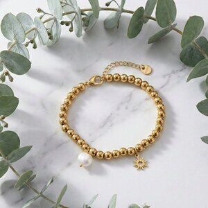 18K Gold Plated Stainless Steel Beaded Sun Pearl Charm Bracelet Boho Celestial
